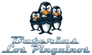 Three cartoon penguins above the text “Baterías Los Pinguinos”