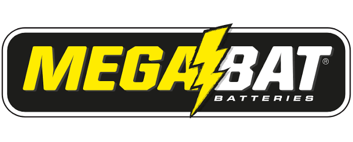 Logotipo de MEGABAT Batteries en amarillo y negro con un rayo.