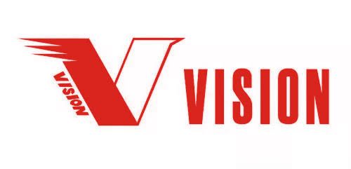 Logotipo rojo y blanco “VISION” con una V estilizada y el texto “vision” en pequeño formato vertical a la izquierda.