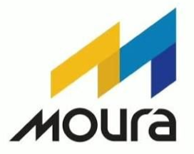 Logotipo de Moura con una marca geométrica estilizada en amarillo, azul y negro.