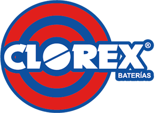 Logotipo de Clorex Baterías en rojo, blanco y azul con diseño de diana circular.