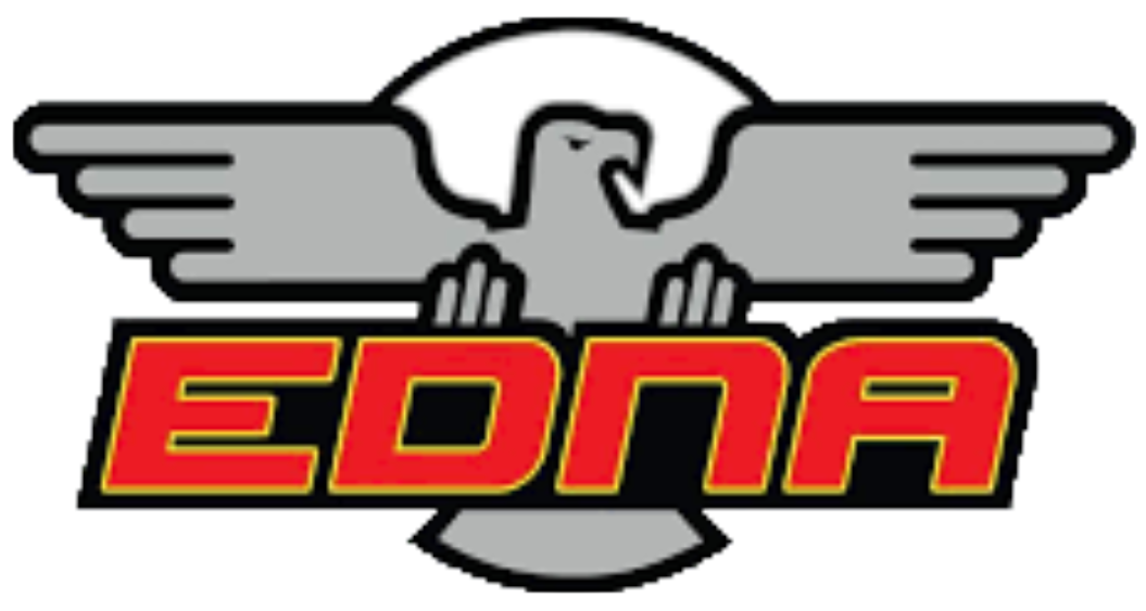 Logotipo de EDNA con un águila gris estilizada y letras rojo anaranjadas sobre fondo blanco.
