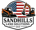 Sandhills Land Solutions logo with two orange excavators and an American flag background