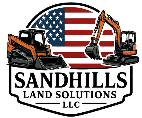 Sandhills Land Solutions logo with two orange excavators and an American flag background