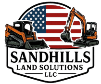Sandhills Land Solutions logo with two orange excavators and an American flag background
