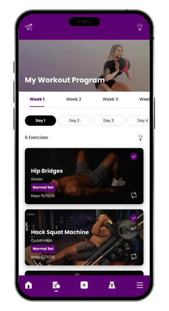 Mobile app displaying a workout program with exercise options and a woman with a medicine ball in the background.