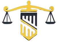 Scales of justice above a shield-shaped emblem with gold and black geometric design.