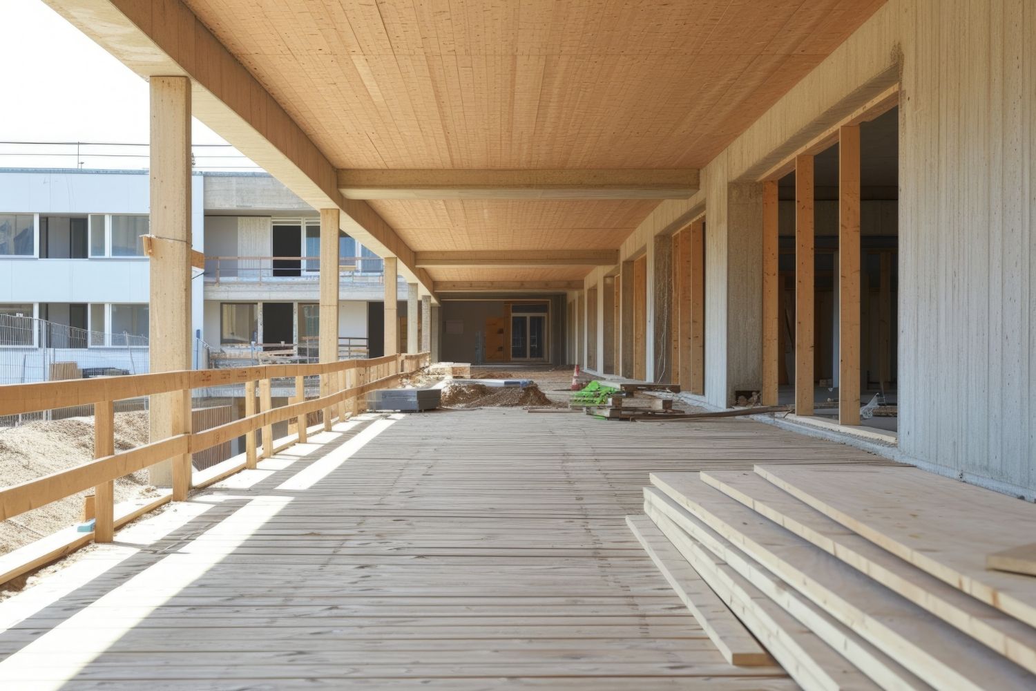 Wooden construction walkway with railings and stairs under a covered building overhang
