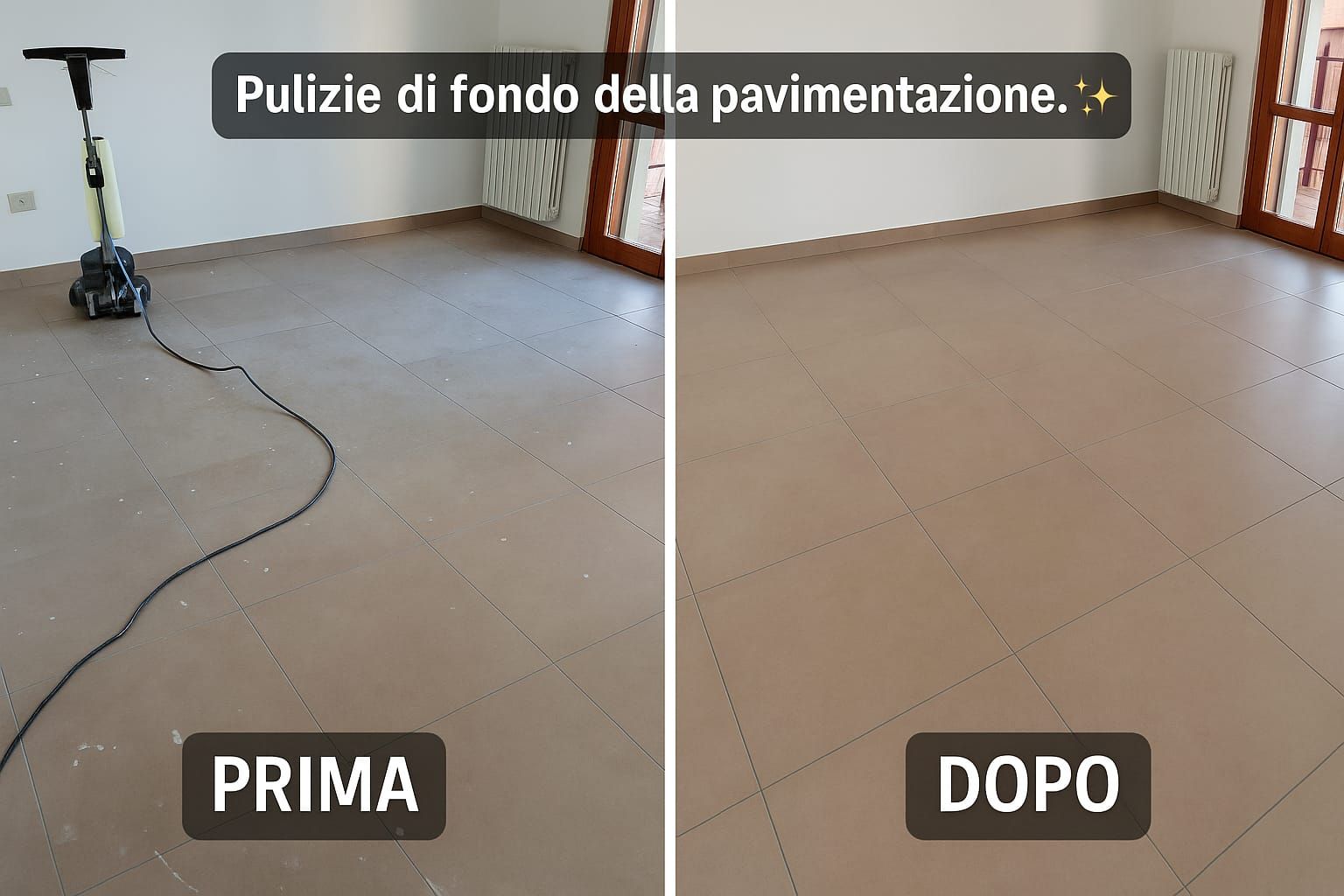 Pavimento pulito: confronto prima e dopo la pulizia, con scritta “PRIMA” e “DOPO”.