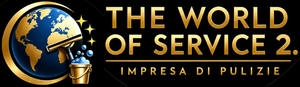 Logo con la scritta “THE WORLD OF SERVICE 2” con globo dorato e testo “IMPRESA DI PULIZIE” su sfondo nero