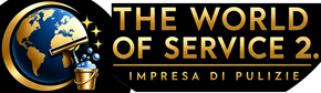 Logo per “The World of Service 2.” con un globo, brillantini e lo slogan “Impresa di fornitura” su sfondo nero
