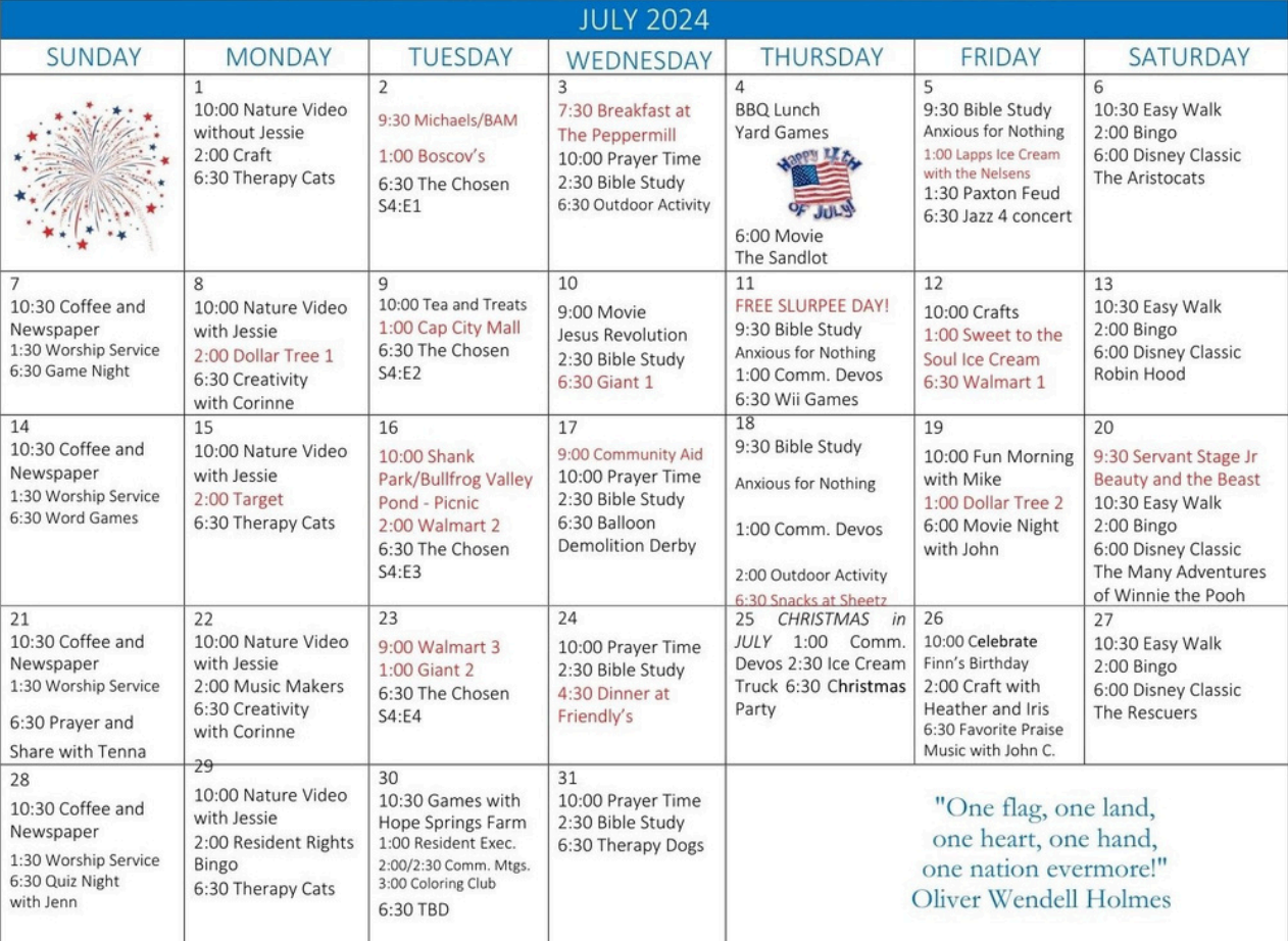 July Calendar - 2024 - Paxton Ministries