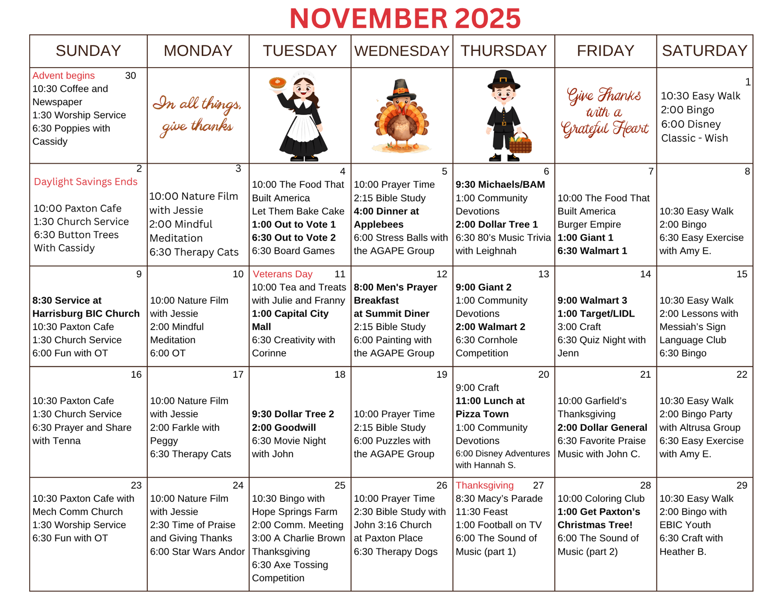 November Calendar - 2025 - Paxton Ministries