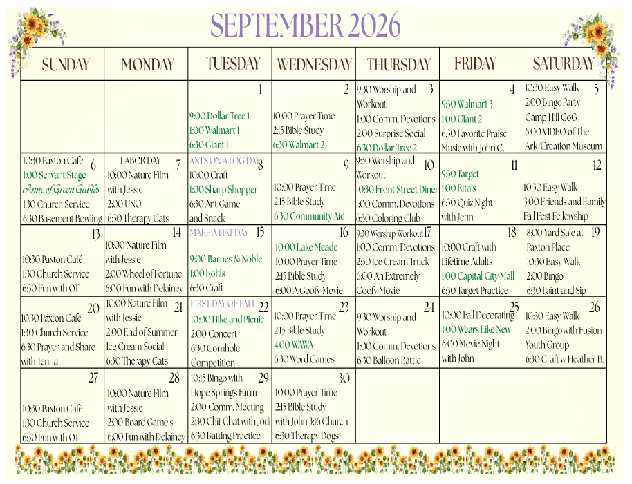 September Calendar - 2026 - Paxton Ministries