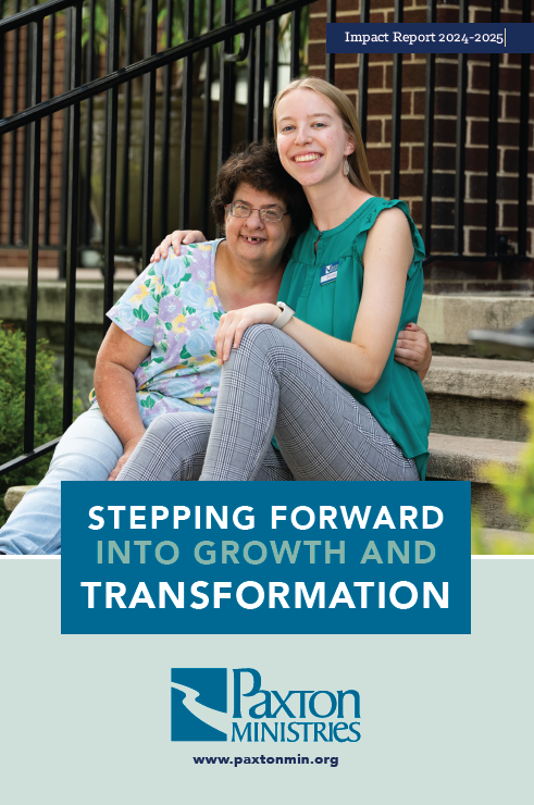 Two women embracing on steps; one smiling, one with a disability. Text: 