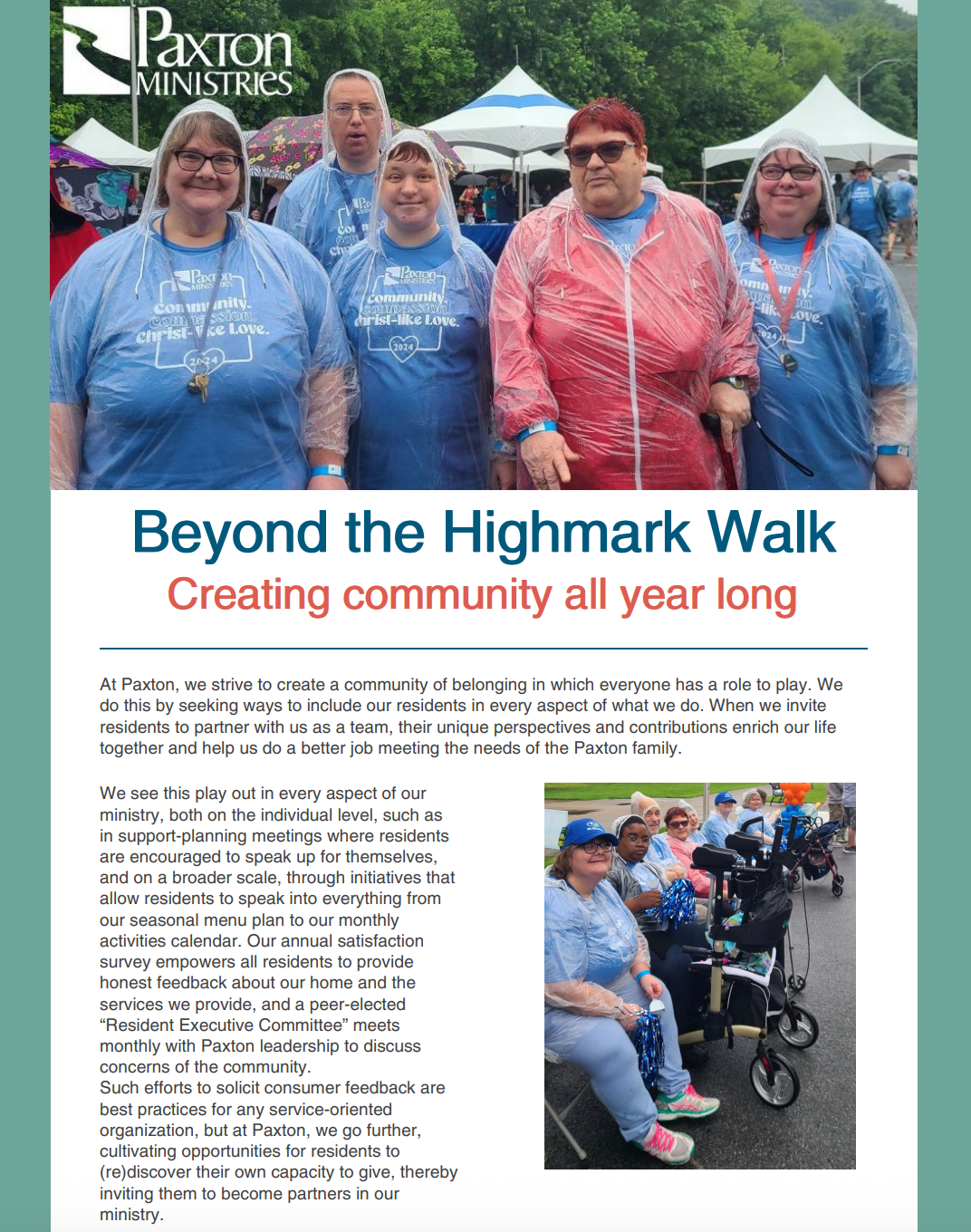People in blue shirts and red jacket at a walk event, text: