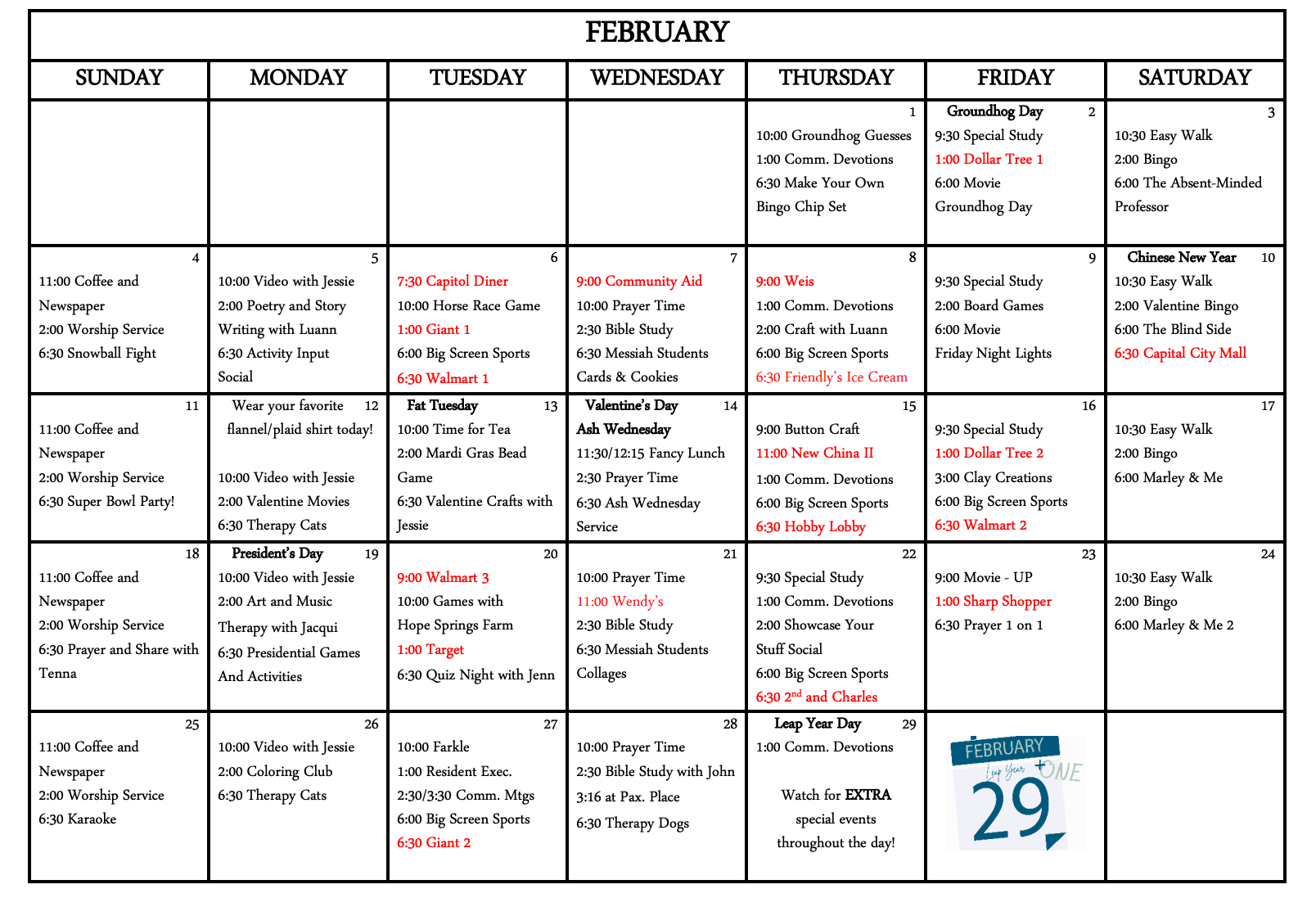 February Calendar - 2024 - Paxton Ministries