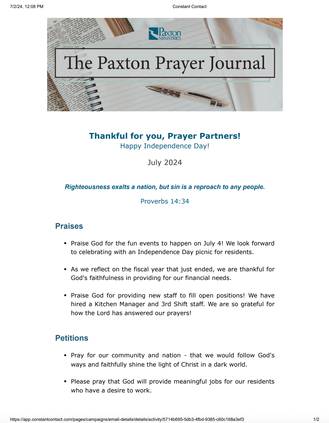 The Paxton Prayer Journal - July 2024