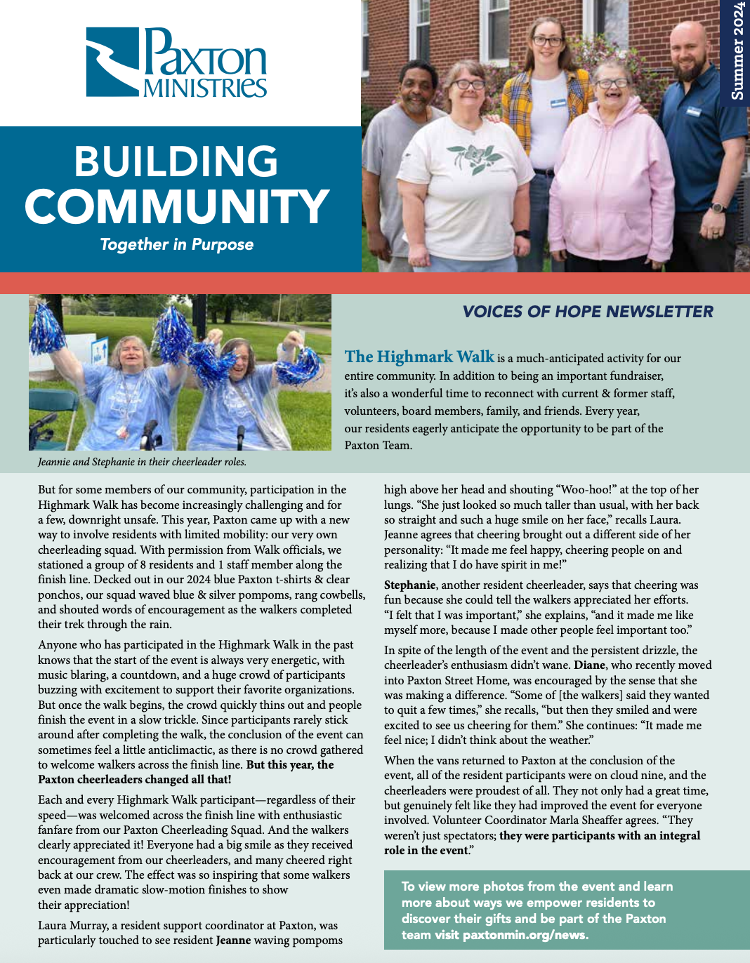 Paxton Ministries newsletter featuring a group photo and cheering individuals;