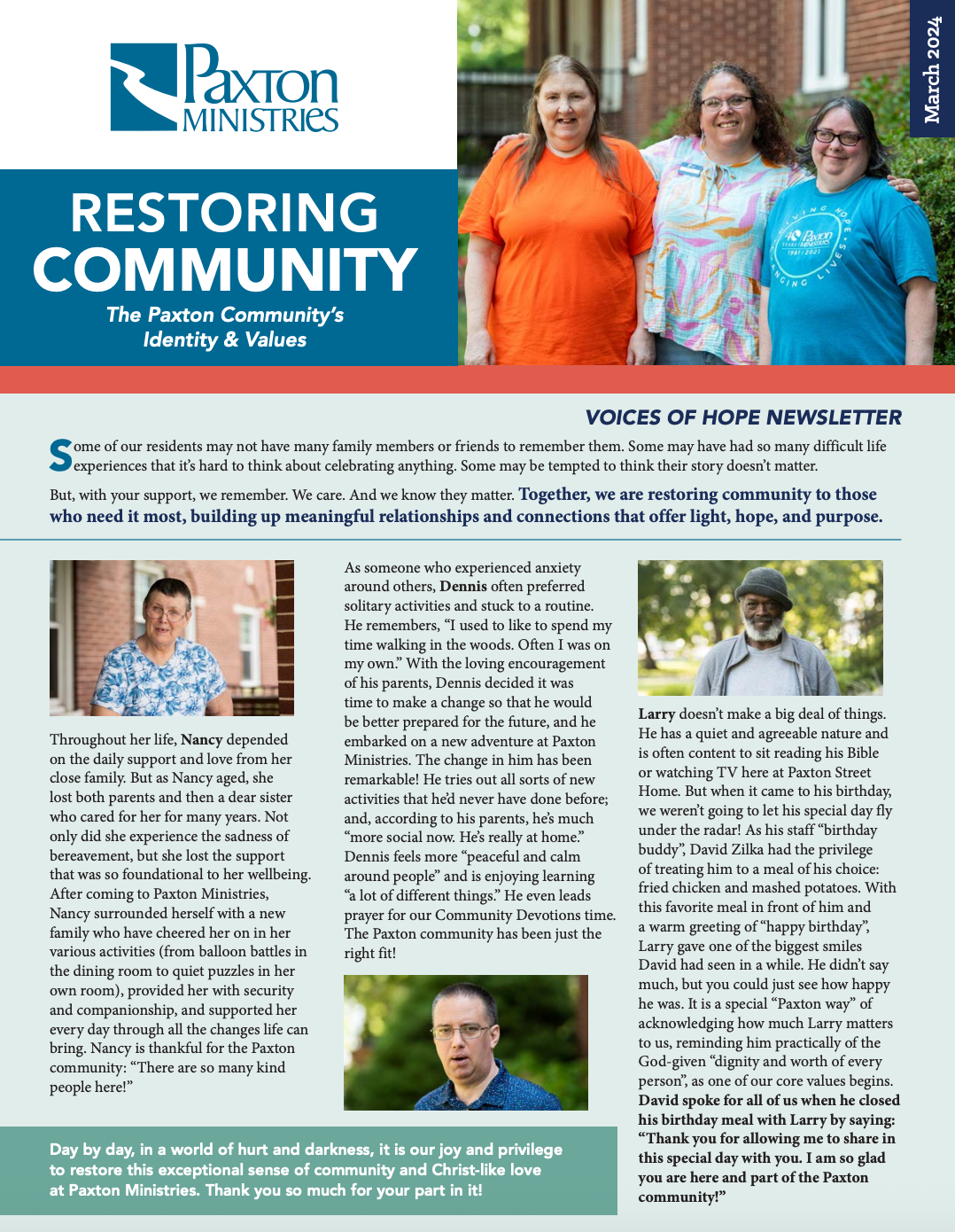 Paxton Ministries newsletter with three smiling women, various staff photos, and text about community restoration.