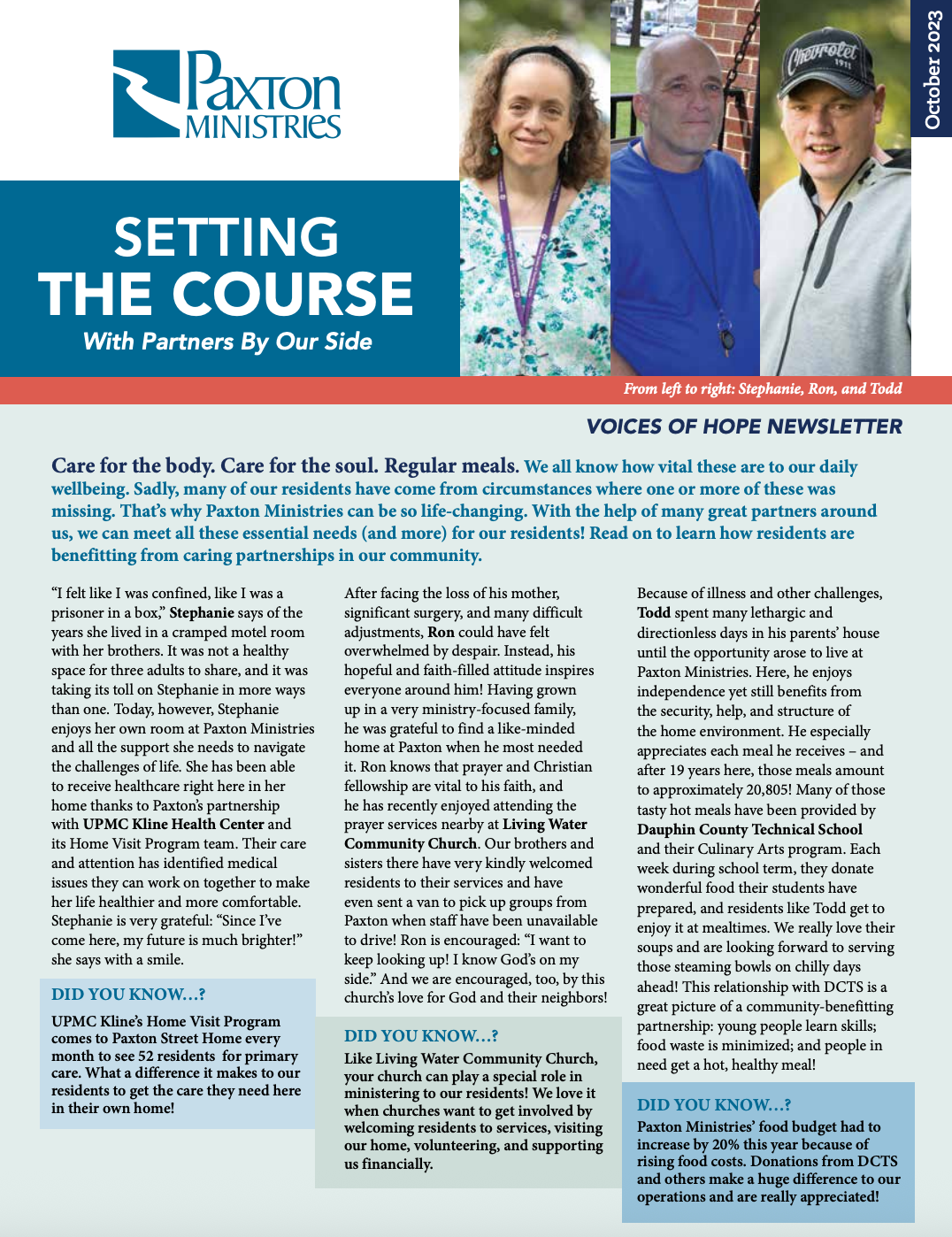 Newsletter cover. Paxton Ministries logo, title