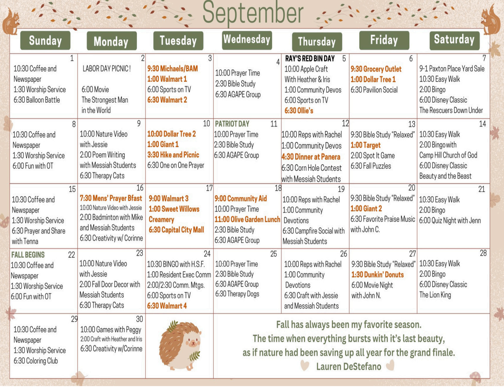 September Calendar - 2024 - Paxton Ministries