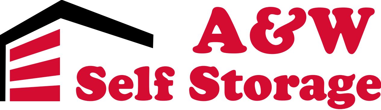 Logo for A & W Self Storage. Red text and storage unit illustration. Black roof.