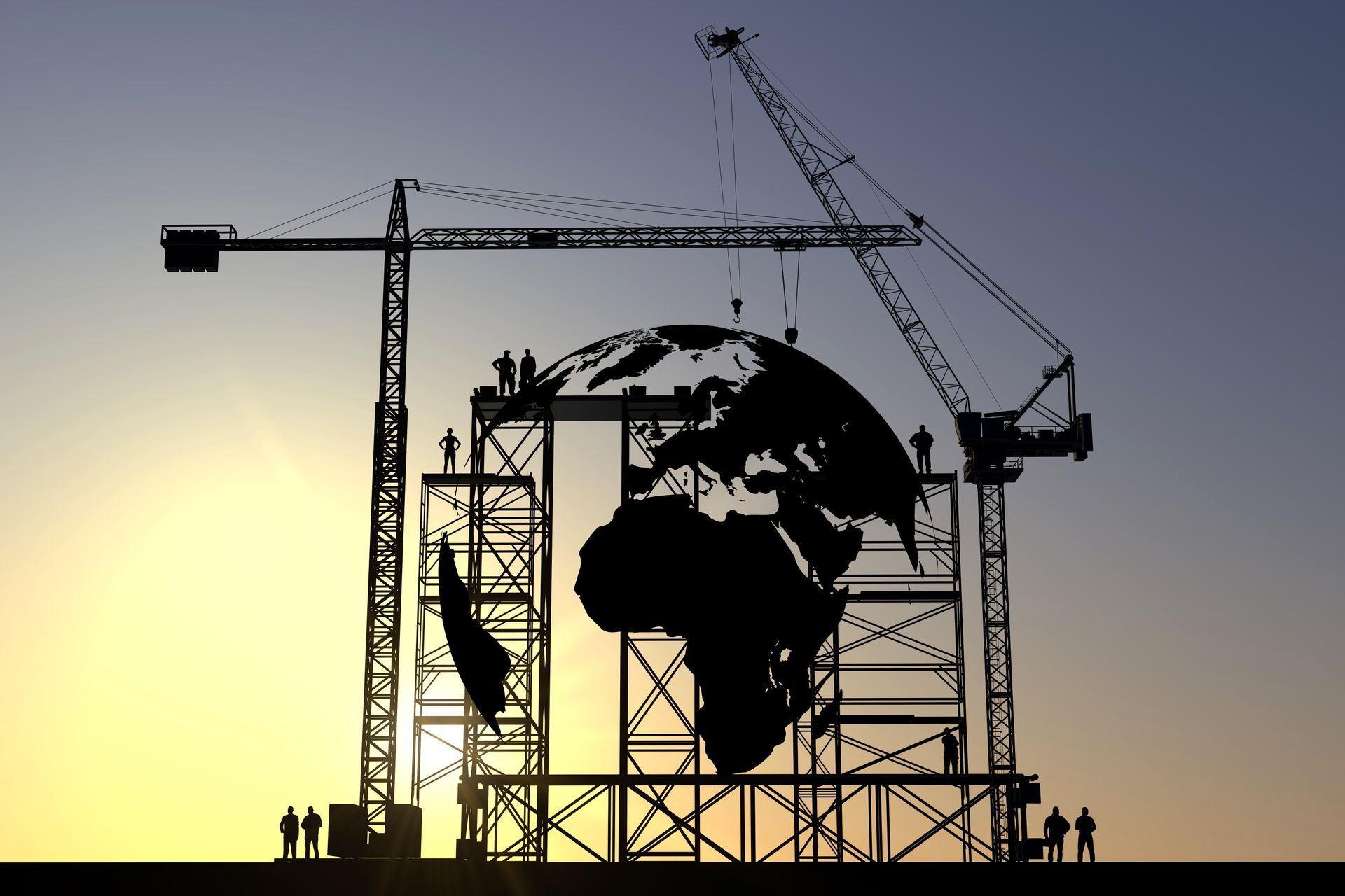 Silhouette of Earth being constructed by a crane and construction workers. Sunset in background.