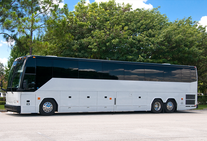 A white and black bus is parked in a parking lot
