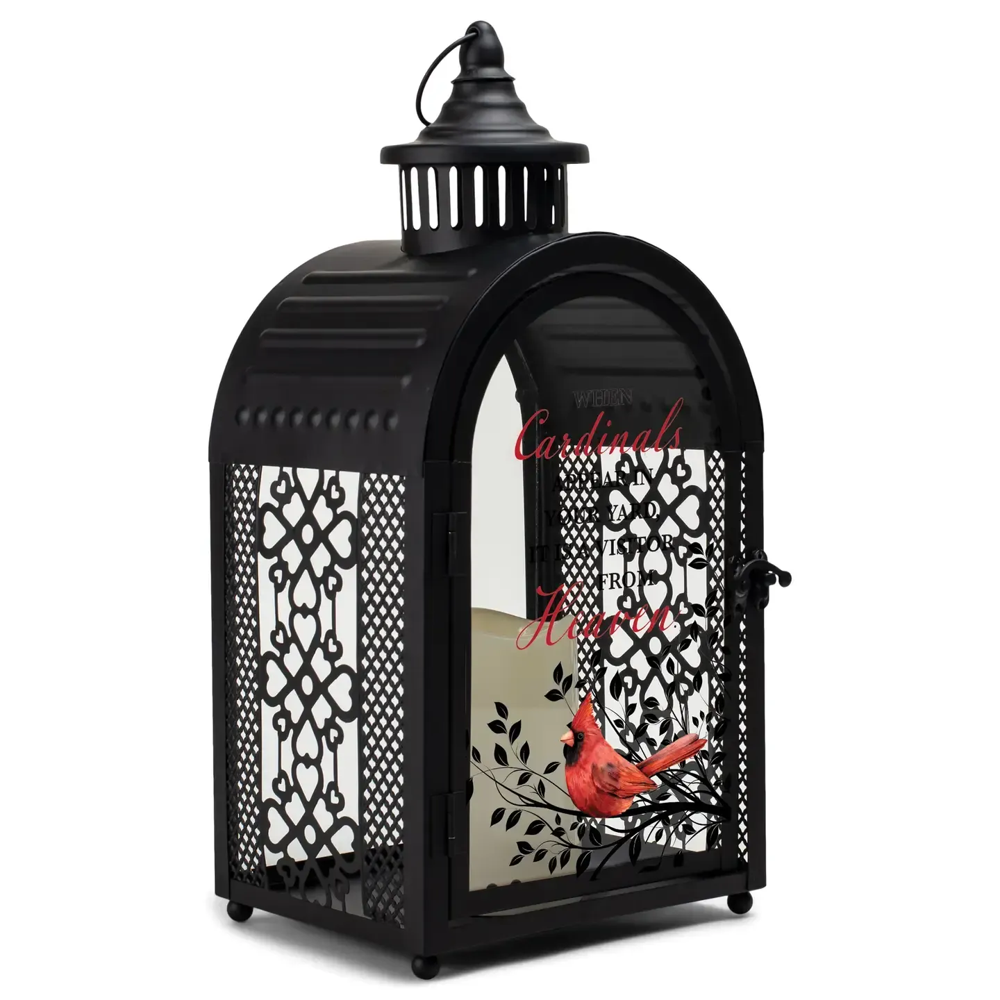 A white lantern with a picture of birds and flowers on it.