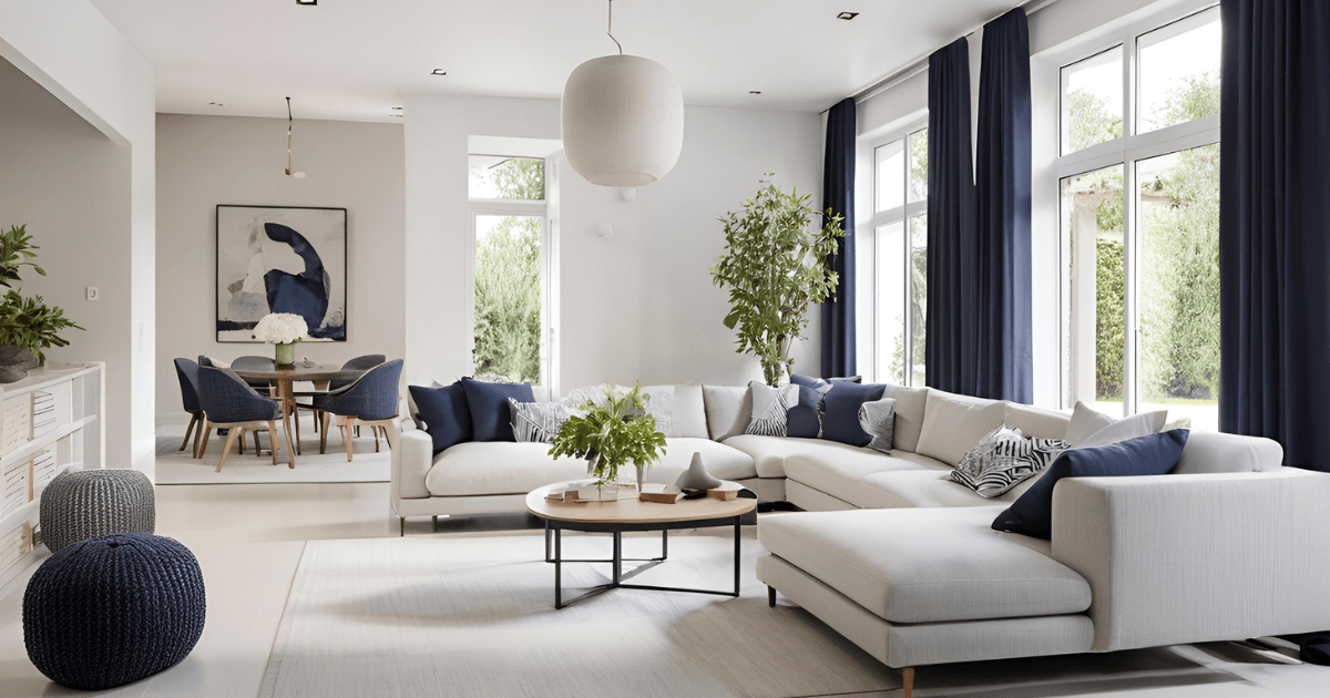 A living room with a large sectional couch and a coffee table.