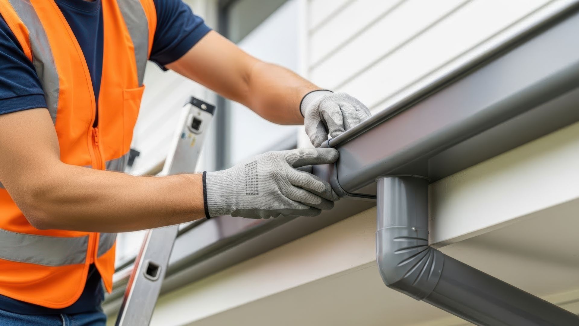 Worker attaching a section of a roof gutter while standing on a ladder. Worker attaching a section of a roof gutter while standing on a ladder.