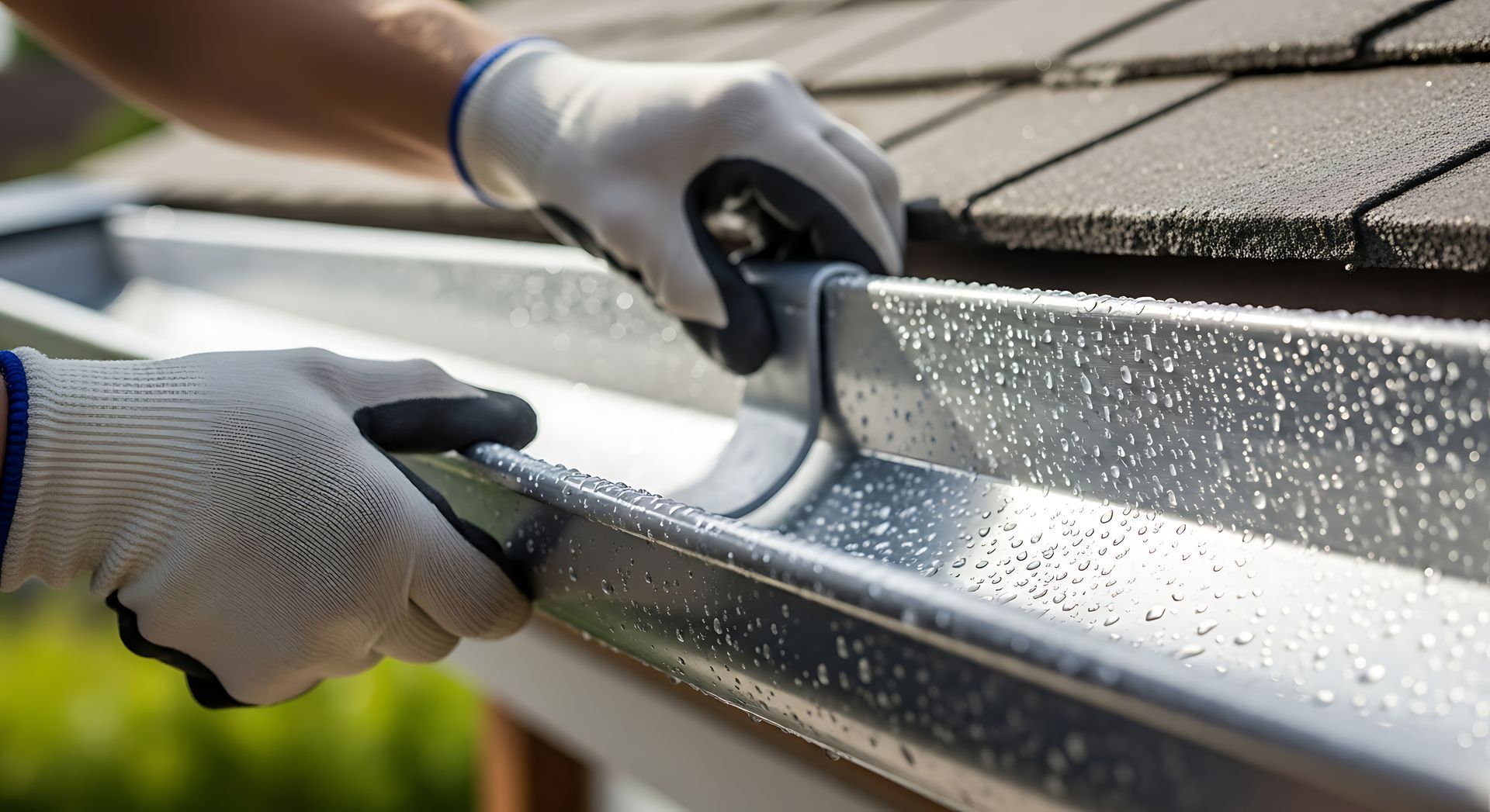 Worker in gloves repairing roof gutter, tightening metal bracket to control rainwater flow. Worker in gloves repairing roof gutter, tightening metal bracket to control rainwater flow.
