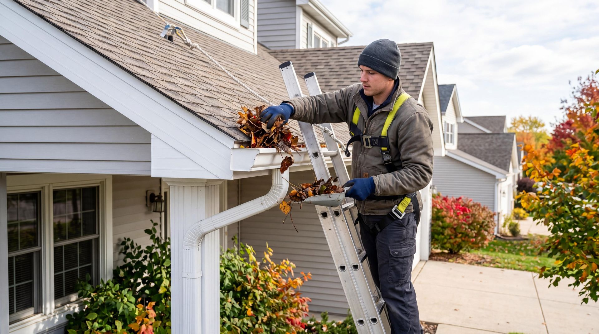 Gutter contractor clearing debris from residential gutters on a ladder during a fall home gutter cleaning service Gutter contractor clearing debris from residential gutters on a ladder during a fall home gutter cleaning service