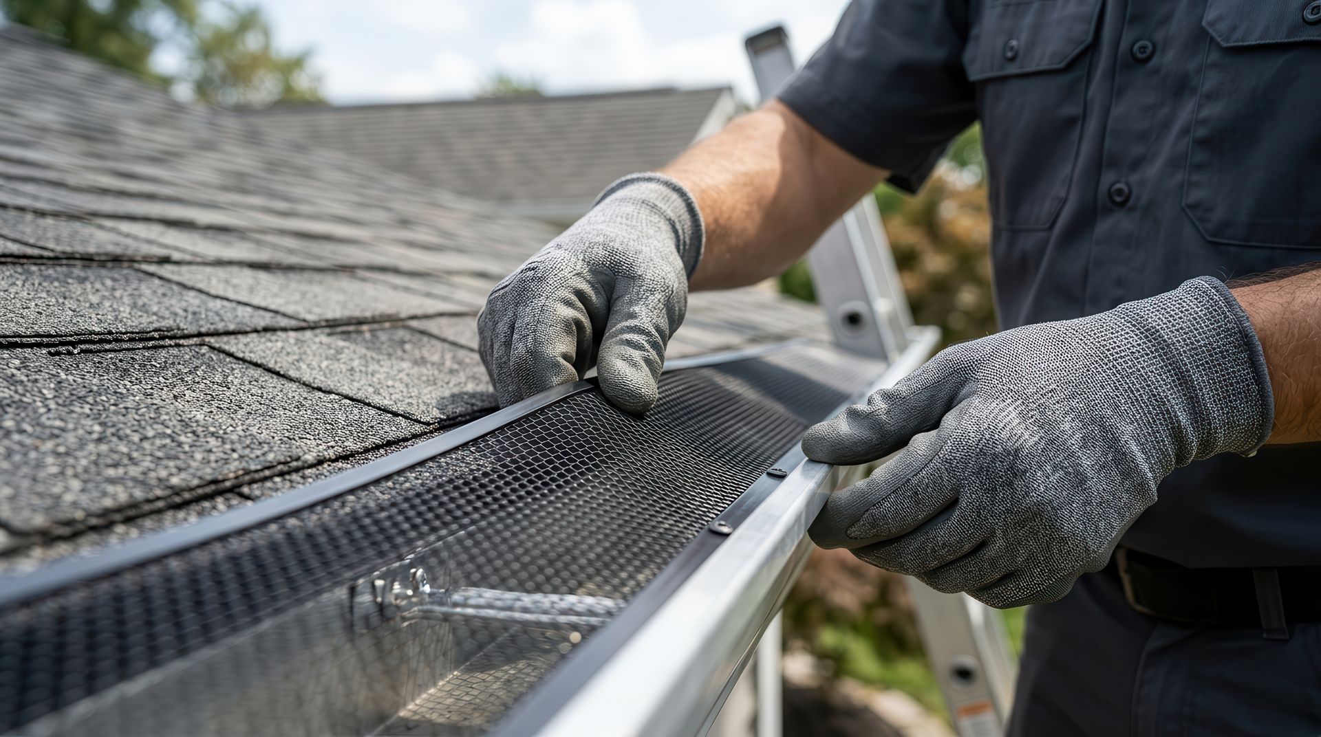 Contractor in work gloves installing gutter guard mesh along the roofline of a residential home