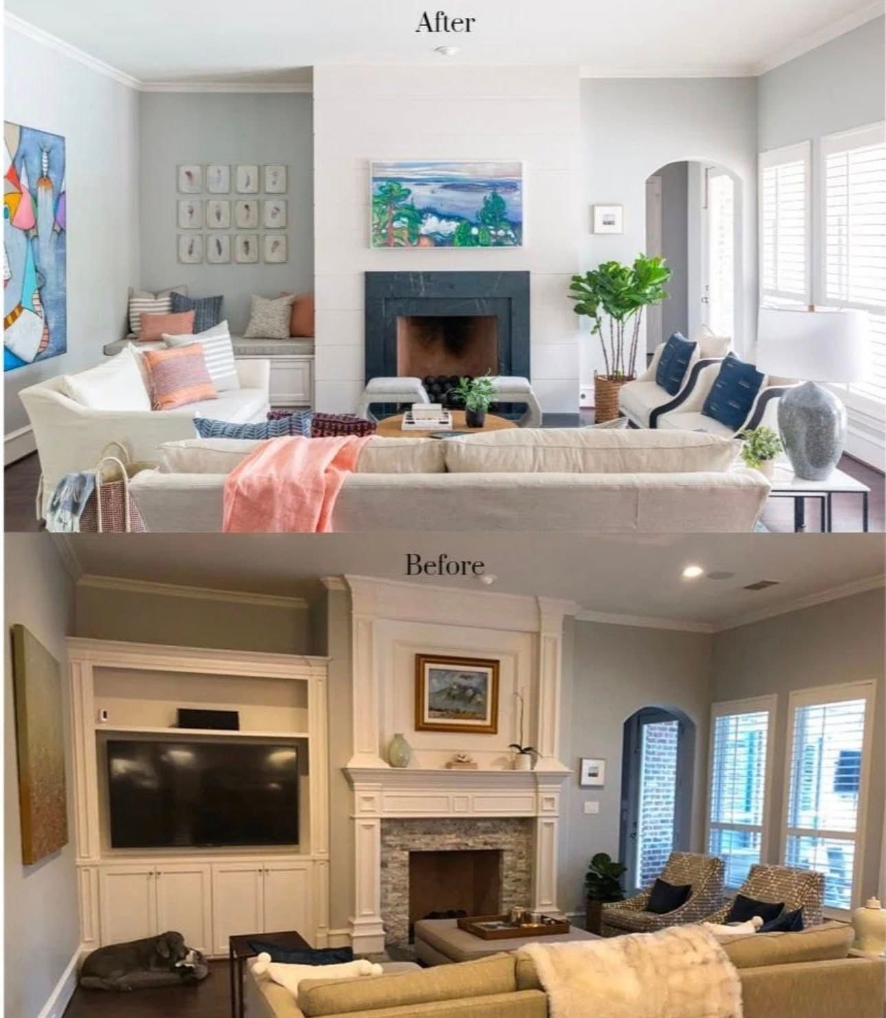 Before and after comparison of a living room remodel showing built-in shelving converted into a seating nook and fireplace.