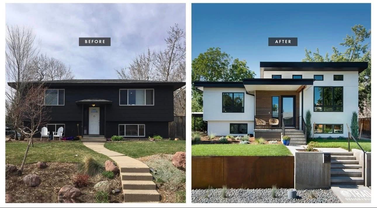 Before and after comparison of a home exterior renovation showing a dark house updated to a modern white facade.