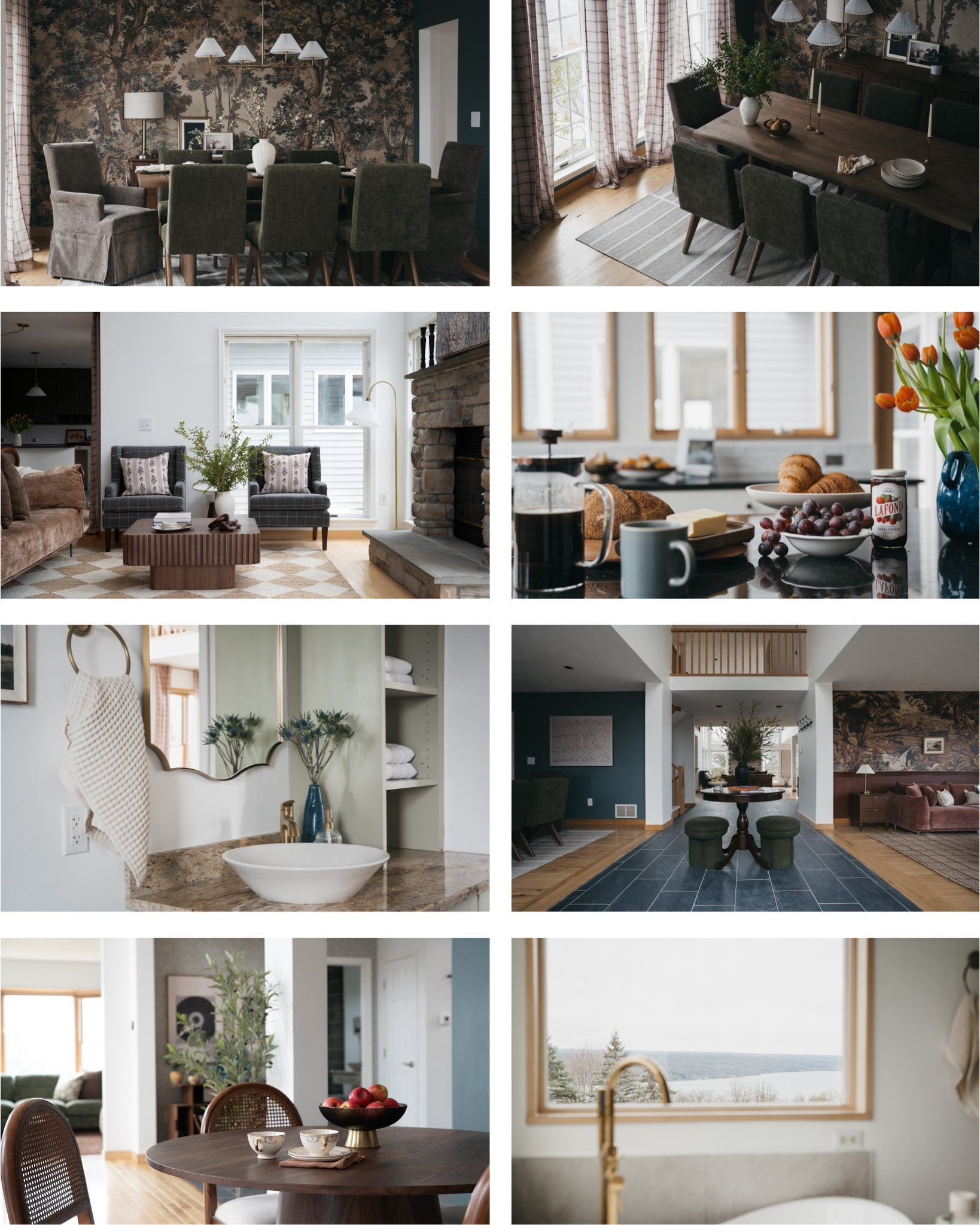 A collage featuring eight interior design photos showing various dining rooms, living spaces, kitchens, and decor.