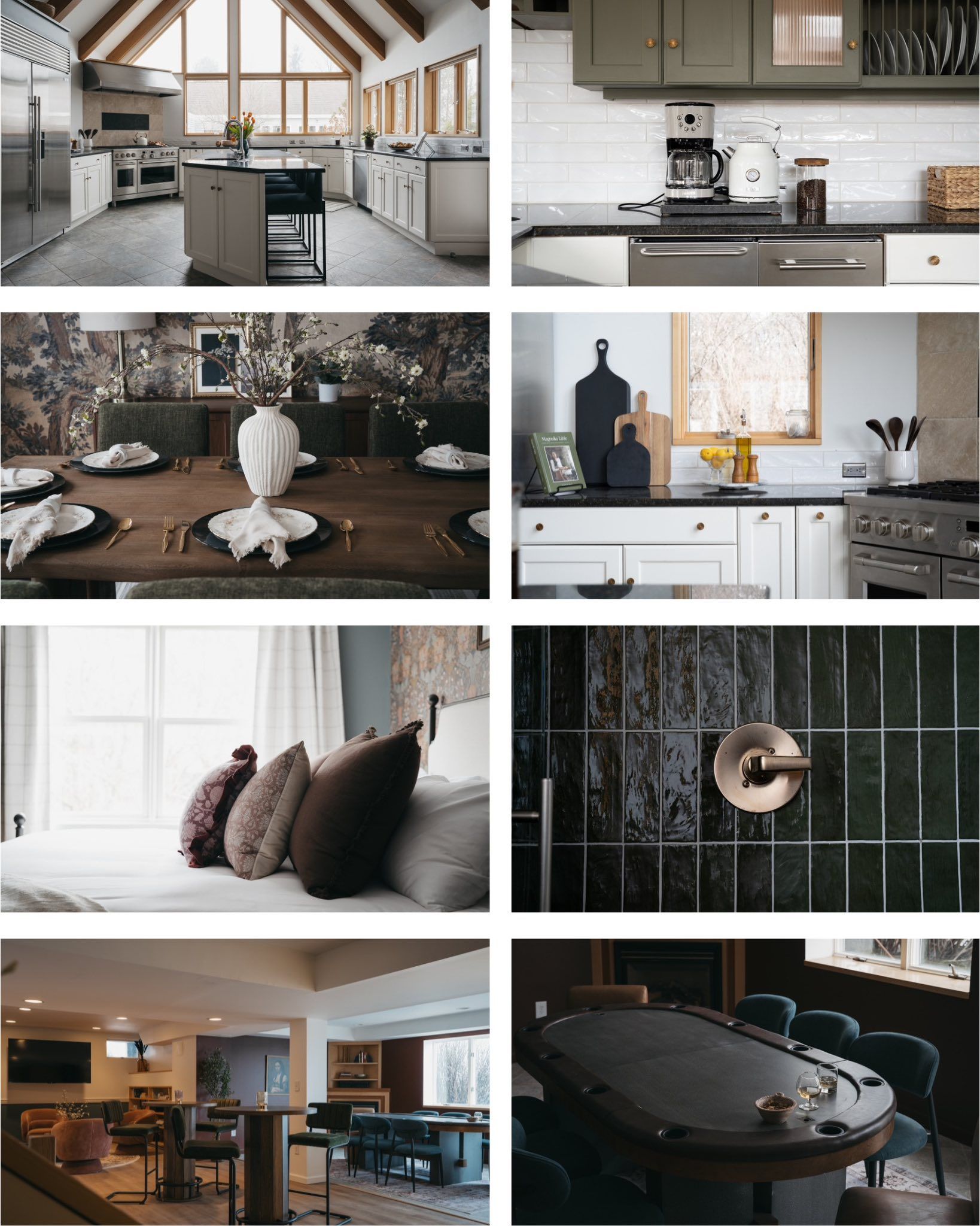 A collage featuring eight home interior photos, including kitchens, a dining table, a bedroom, a bathroom, and living areas.