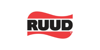 RUUD logo in black text with red curved accents above and below