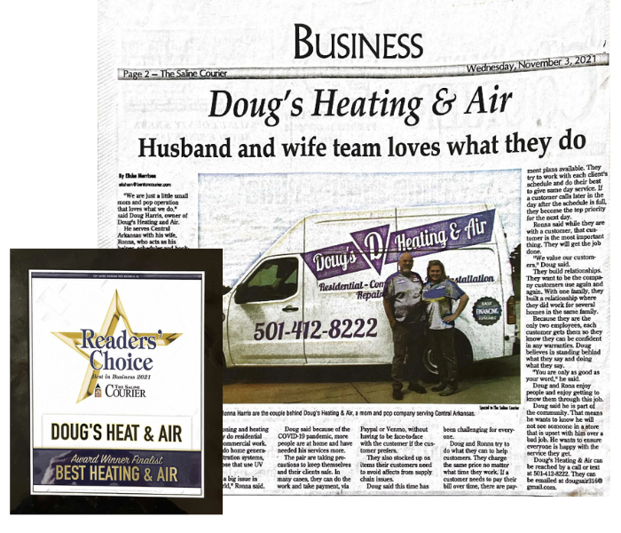 Newspaper business article about Doug's Heating & Air with a service van and award plaque.
