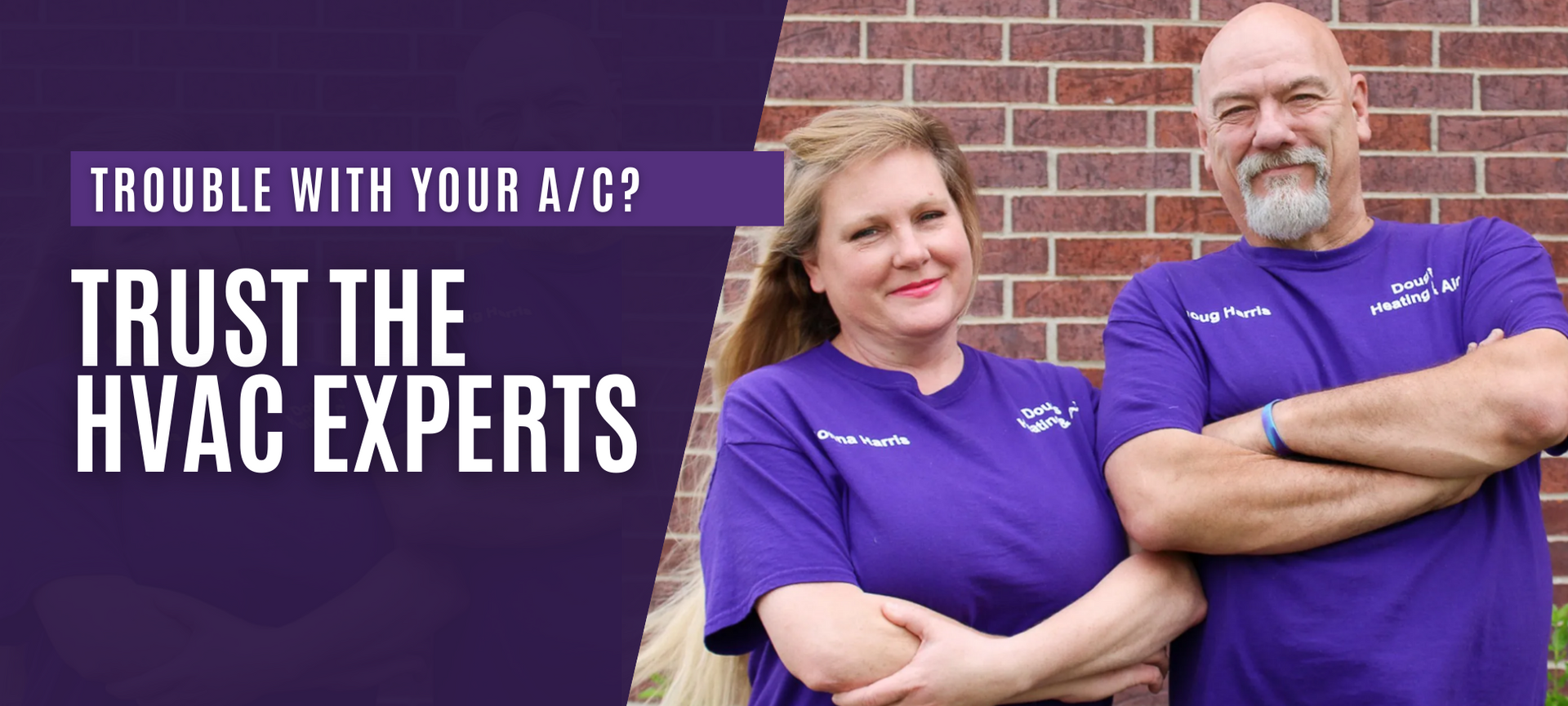 Purple ad for HVAC services with the text “Trust the HVAC Experts” and two people standing with crossed arms.