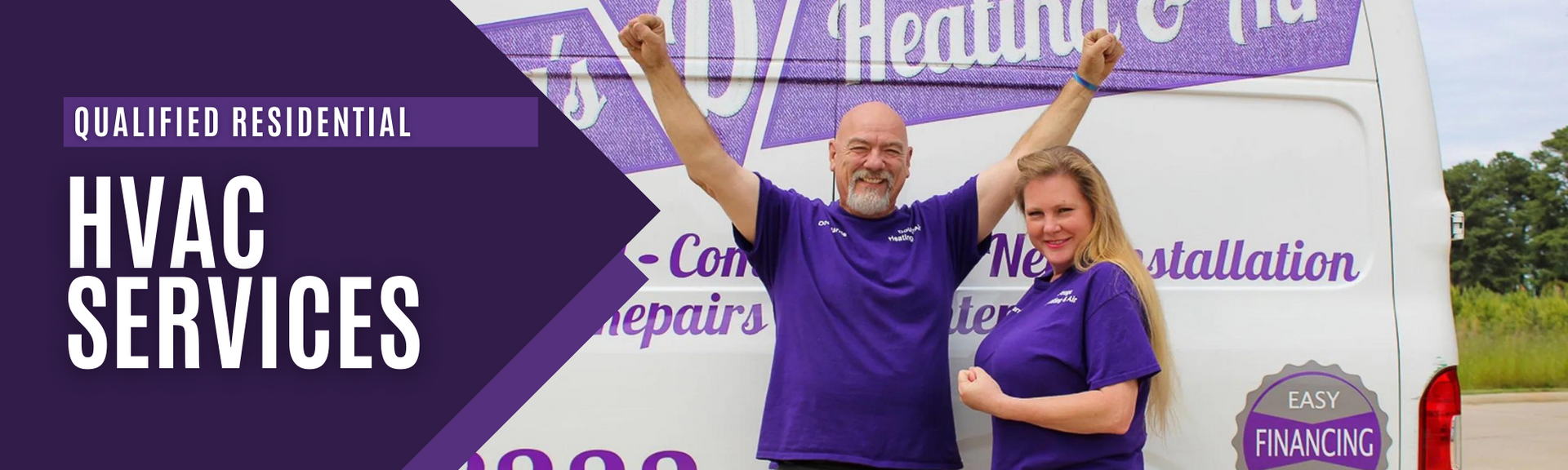 Two HVAC service workers in purple shirts posing in front of a branded service van
