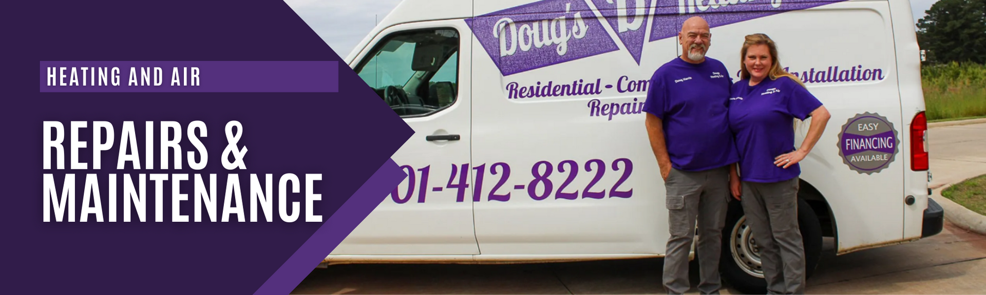 Two people in purple polos standing by a white repair and maintenance van with a phone number and logo.