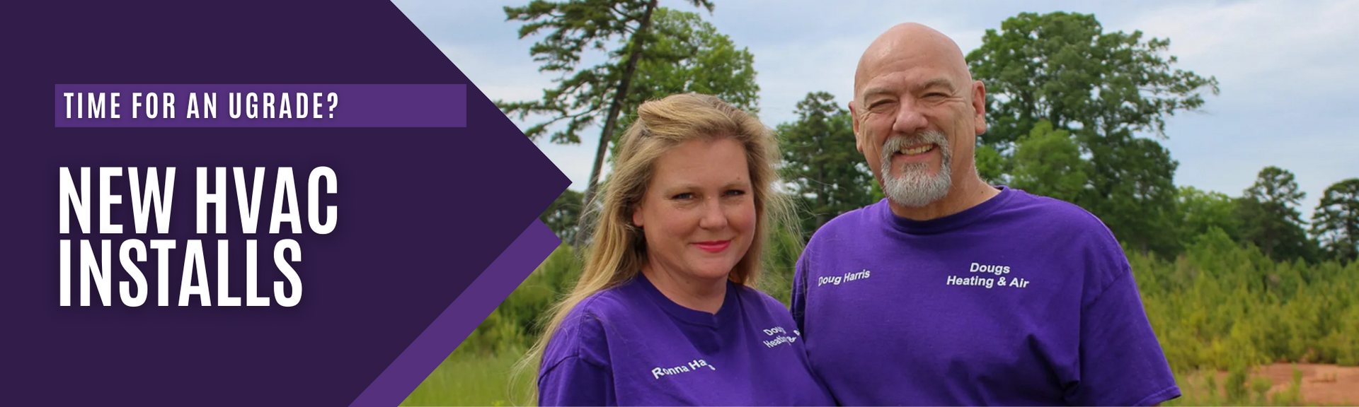 New HVAC installation at the Fox and Clover, with two people standing outdoors in purple shirts