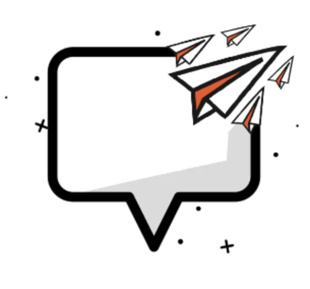 Speech bubble with paper airplanes flying out, outlined in black and orange on a white background