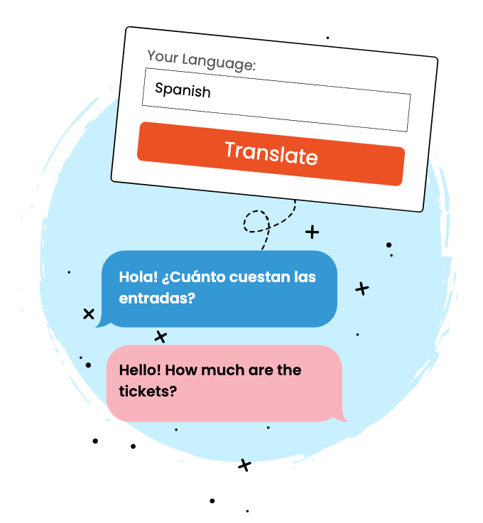Spanish translation interface showing “Hola! ¿Cuánto cuestan las entradas?” and “Hello! How much are the tickets?”