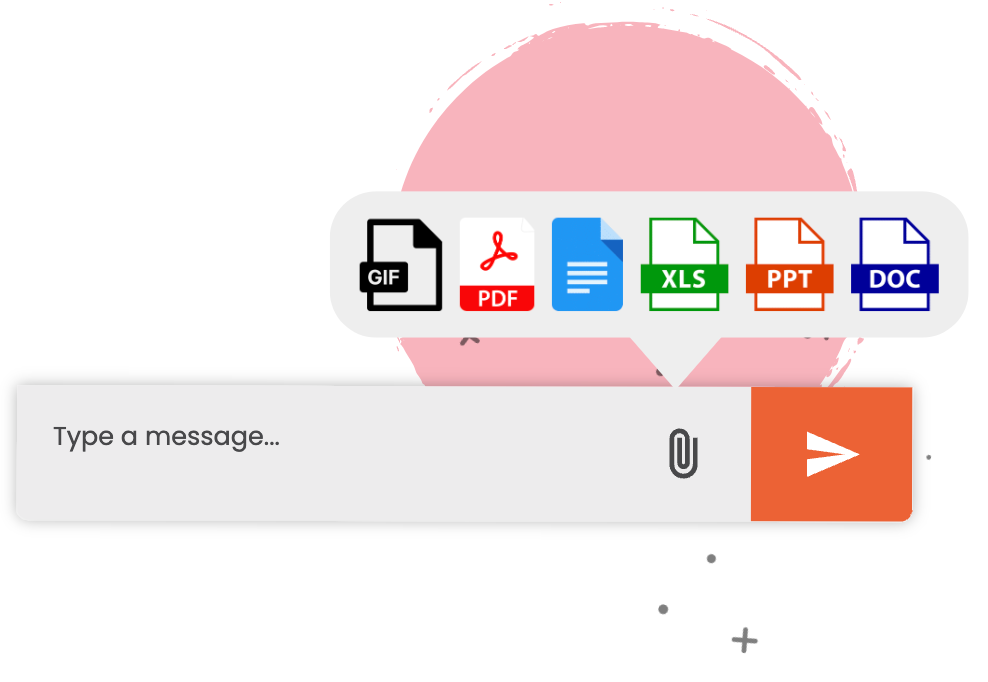 File upload chat interface with document icons, message box, paperclip, and orange send button