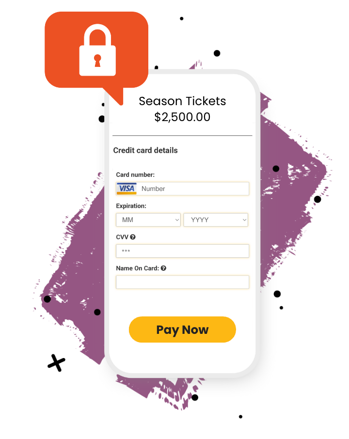 Credit card payment form for season tickets, with orange lock icon and yellow “Pay Now” button.