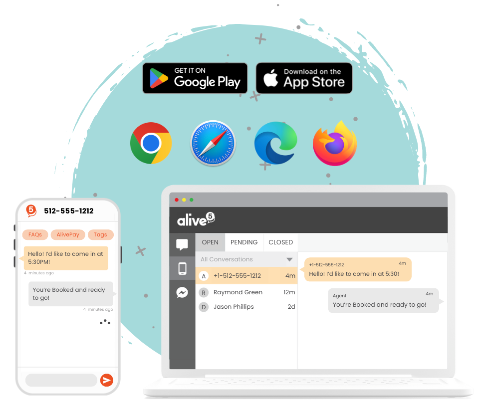 Promotional graphic for live chat app on phone and desktop, with app store badges and browser icons